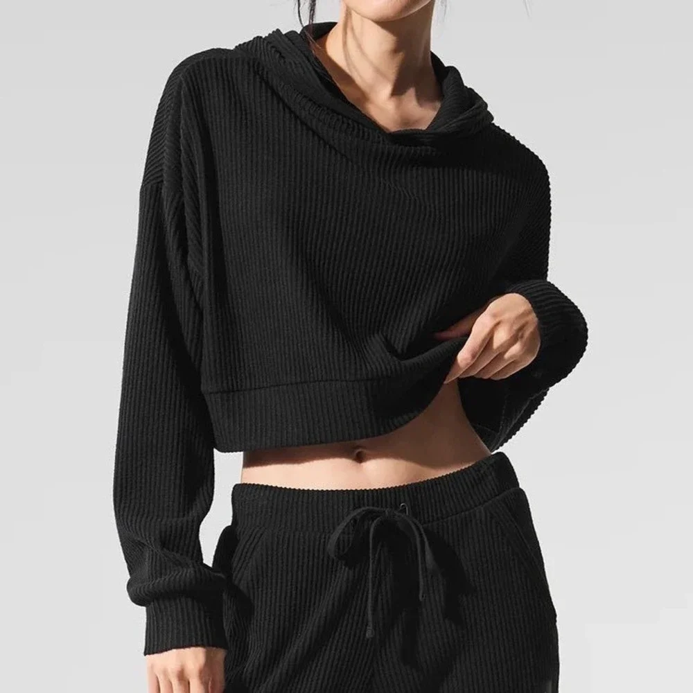 Alo Yoga Muse Hoodie Women Size Medium Black Ribbed Cropped Pullover Sweatshirt